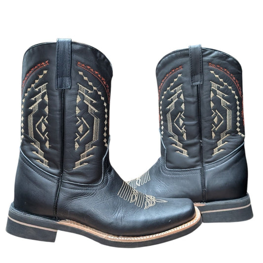 Cowboy Boots (0005) - 12" Rodeo Toe Matte Black Leather Western Stitching