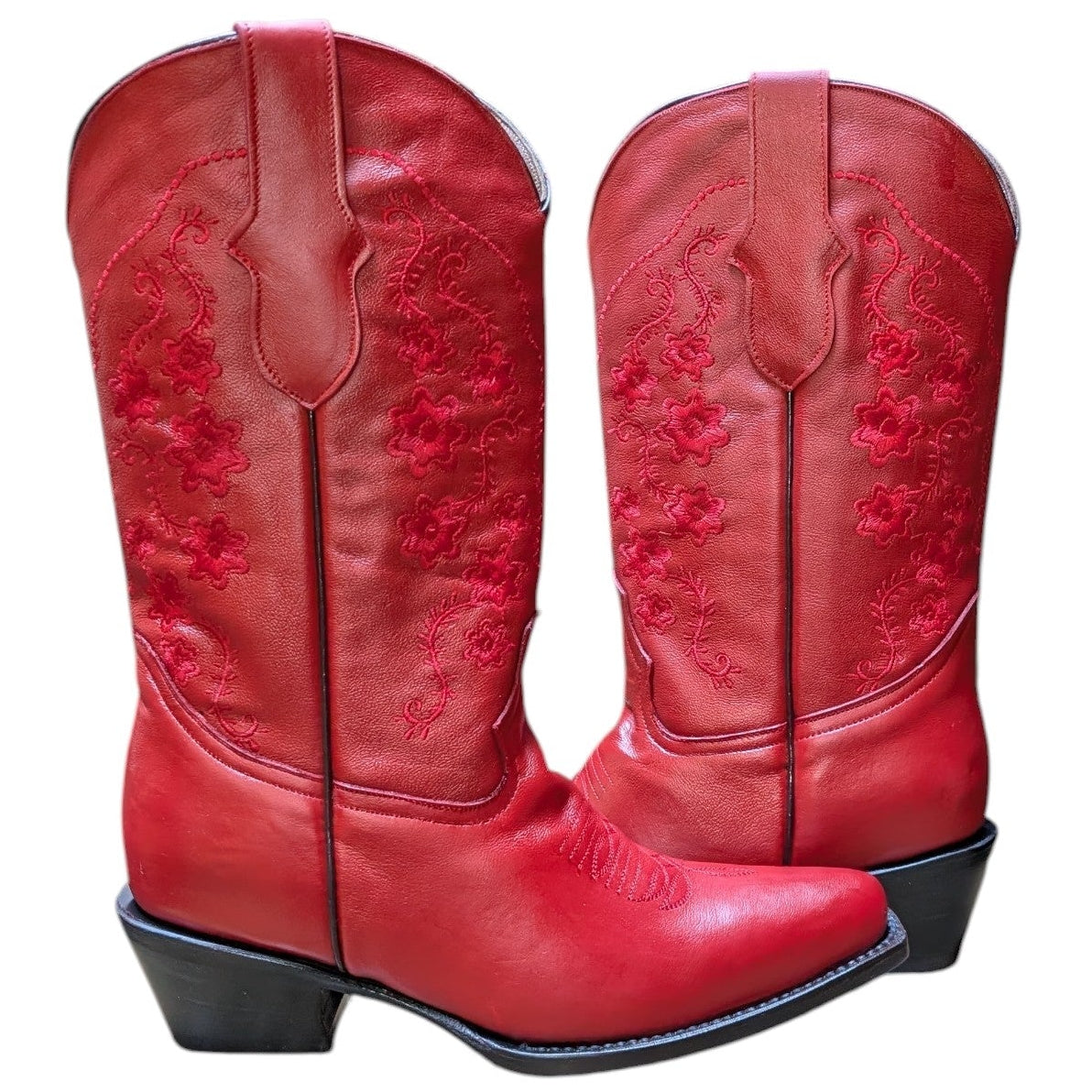 Cowboy Boots (0129) - 13" Red Leather w/ Red Floral Embroidery & Snip Toe