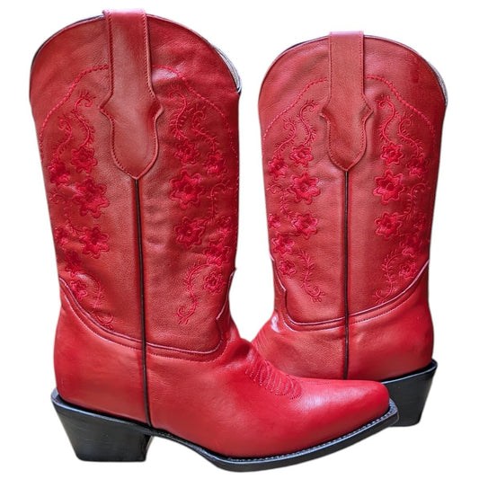 Cowboy Boots (0129) - 13" Red Leather w/ Red Floral Embroidery & Snip Toe