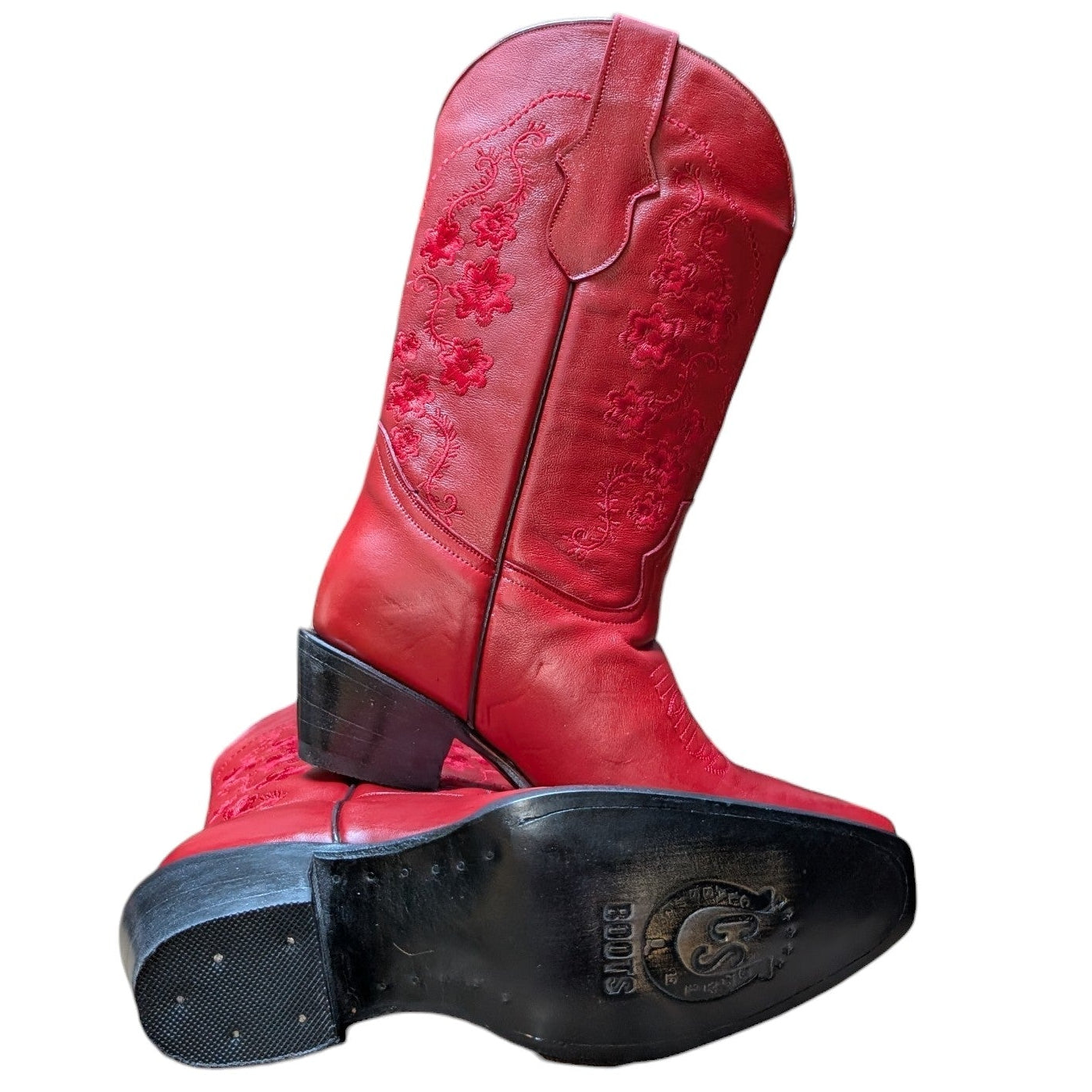 Cowboy Boots (0129) - 13" Red Leather w/ Red Floral Embroidery & Snip Toe