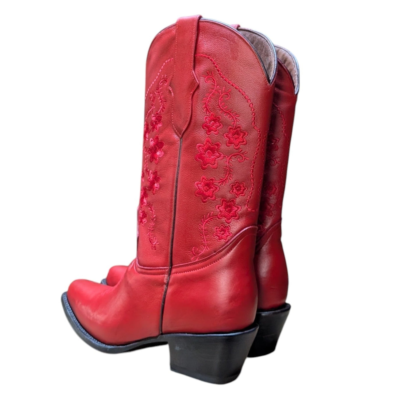 Cowboy Boots (0129) - 13" Red Leather w/ Red Floral Embroidery & Snip Toe