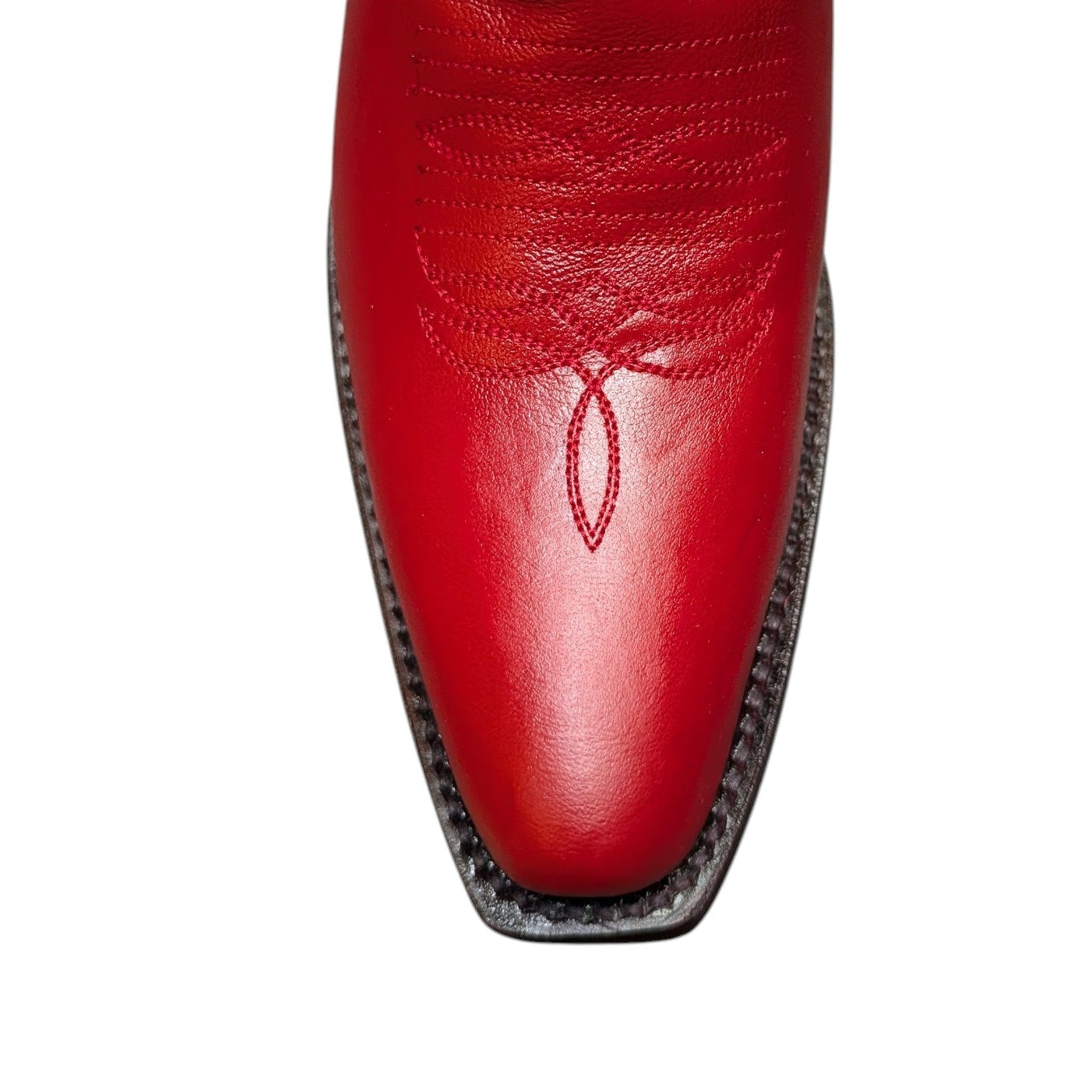 Cowboy Boots (0129) - 13" Red Leather w/ Red Floral Embroidery & Snip Toe