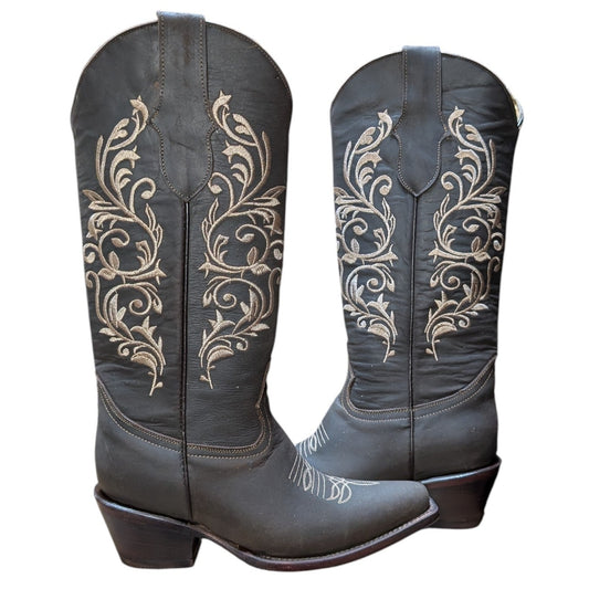 Cowboy Boots (0130) - 15.5" Matte Brown Leather w/ Beige Botanical Stitching & Snip Toe
