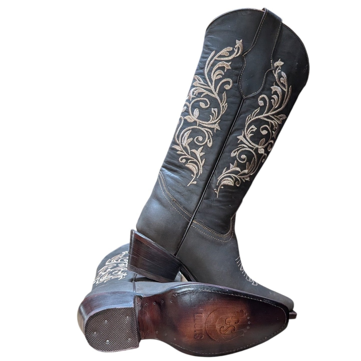 Cowboy Boots (0130) - 15.5" Matte Brown Leather w/ Beige Botanical Stitching & Snip Toe