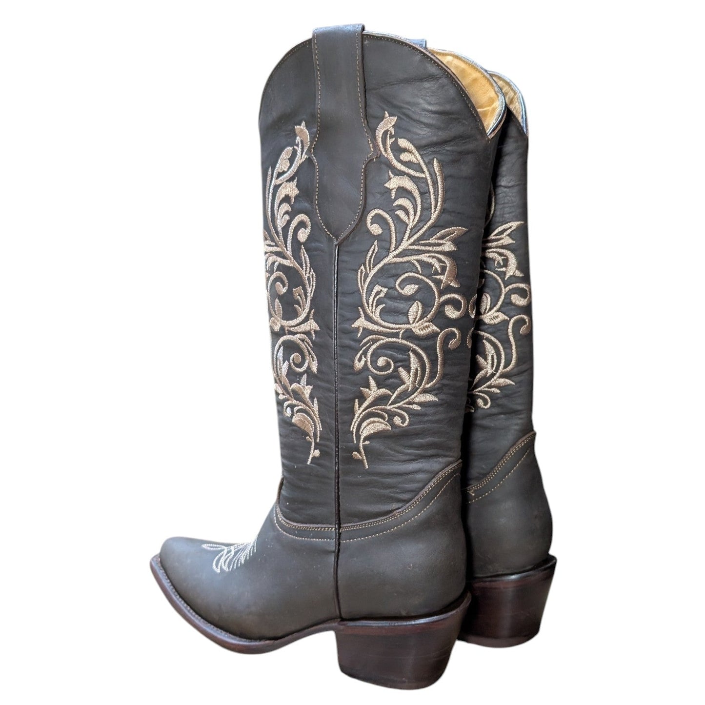 Cowboy Boots (0130) - 15.5" Matte Brown Leather w/ Beige Botanical Stitching & Snip Toe