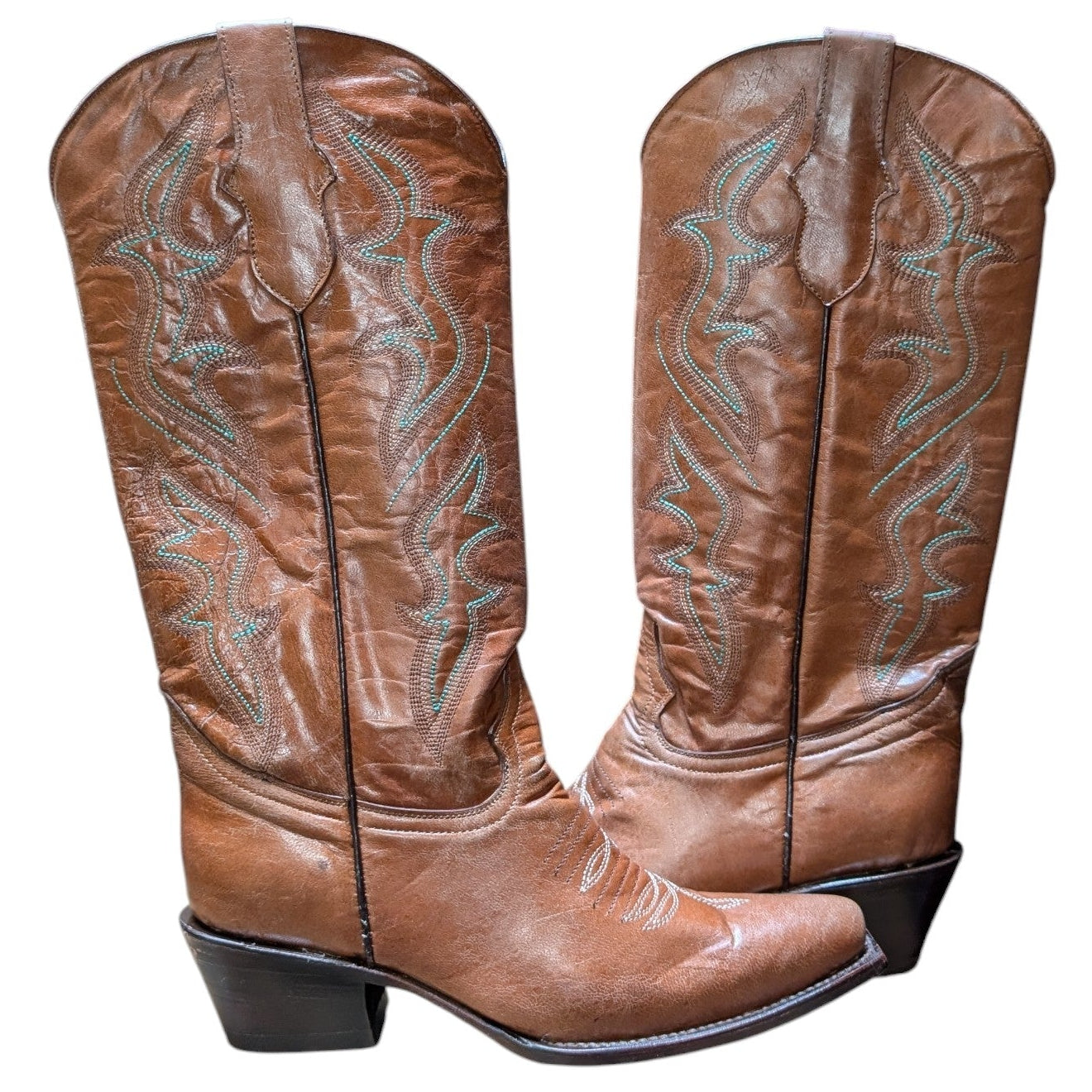 Cowboy Boots (0131) - 16" Brown Leather w/ Western Stitching & Snip Toe