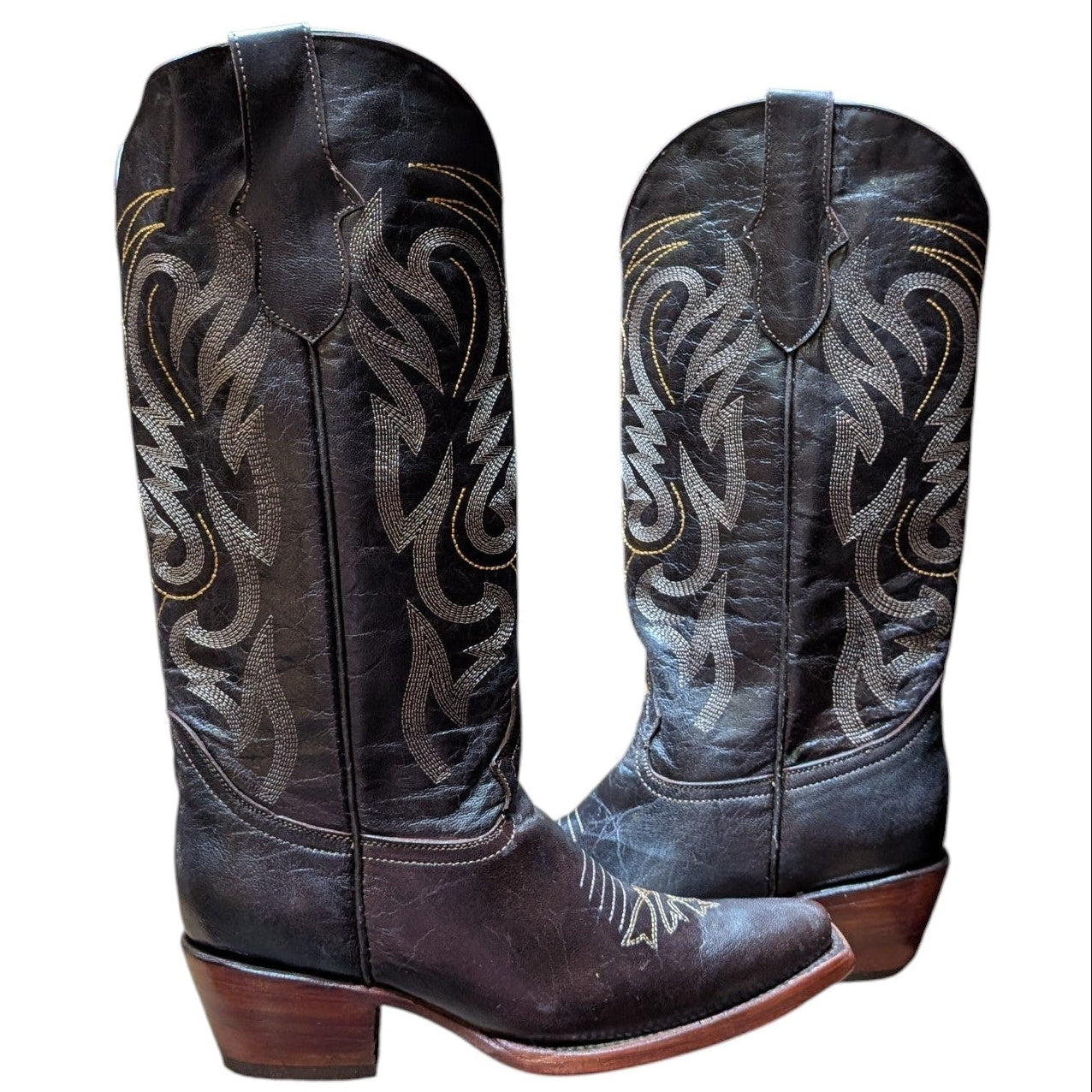 Cowboy Boots (0132) - 16" Dark Brown Leather w/ Western Stitching & Snip Toe