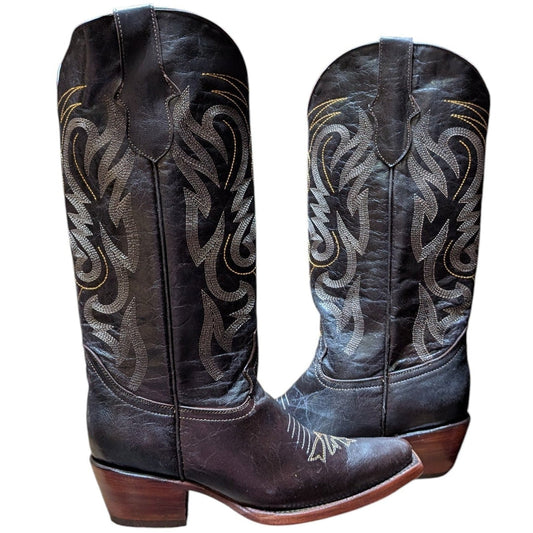 Cowboy Boots (0132) - 16" Dark Brown Leather w/ Western Stitching & Snip Toe
