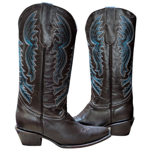 Cowboy Boots (0133) - 16" Dark Brown Leather w/ Western Stitching and Snip Toe