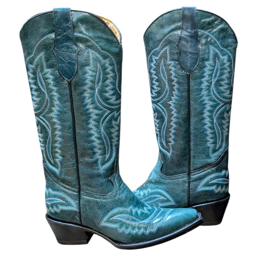 Cowboy Boots (0134) - 16"Teal Leather w/ Western Stitching and Snip Toe
