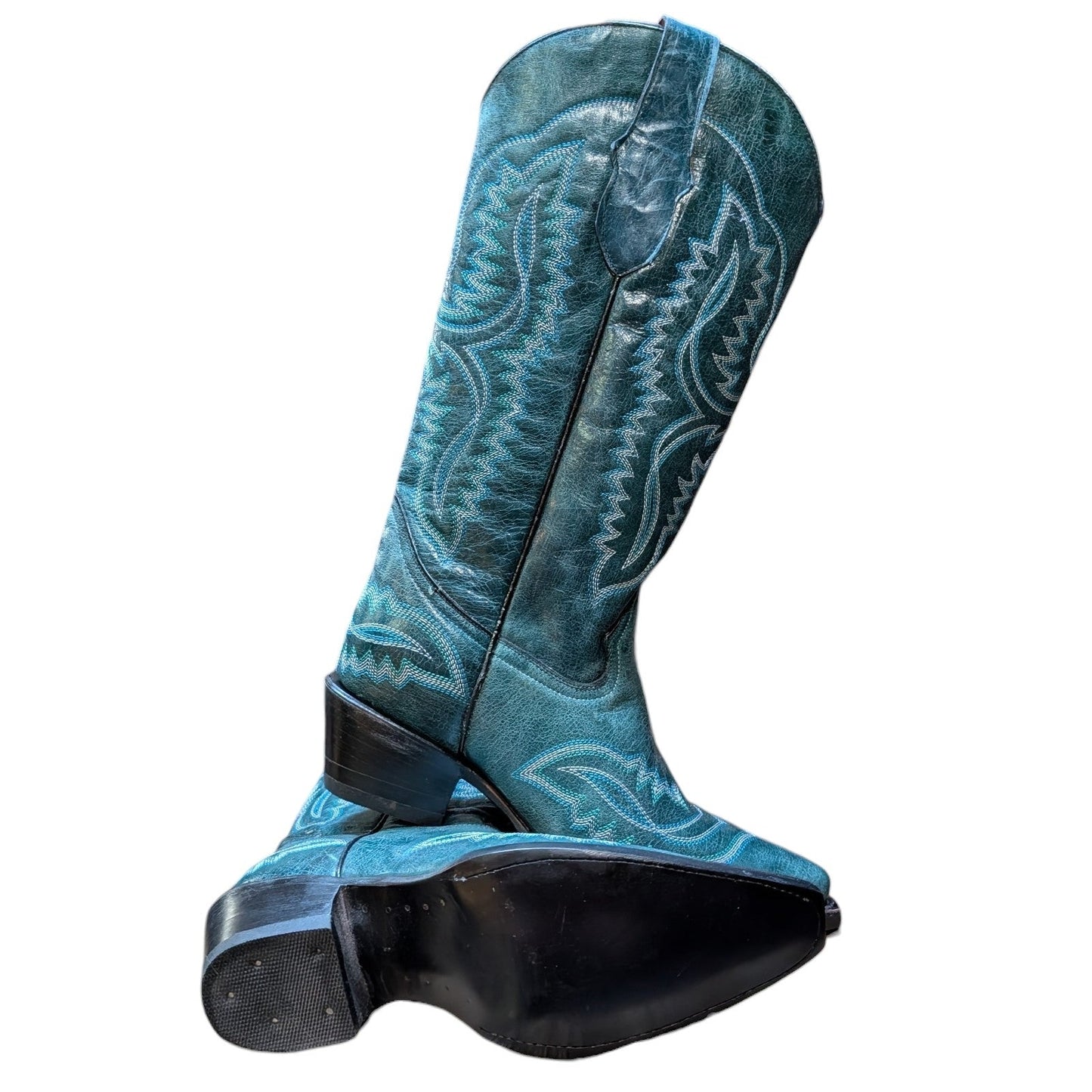 Cowboy Boots (0134) - 16"Teal Leather w/ Western Stitching and Snip Toe