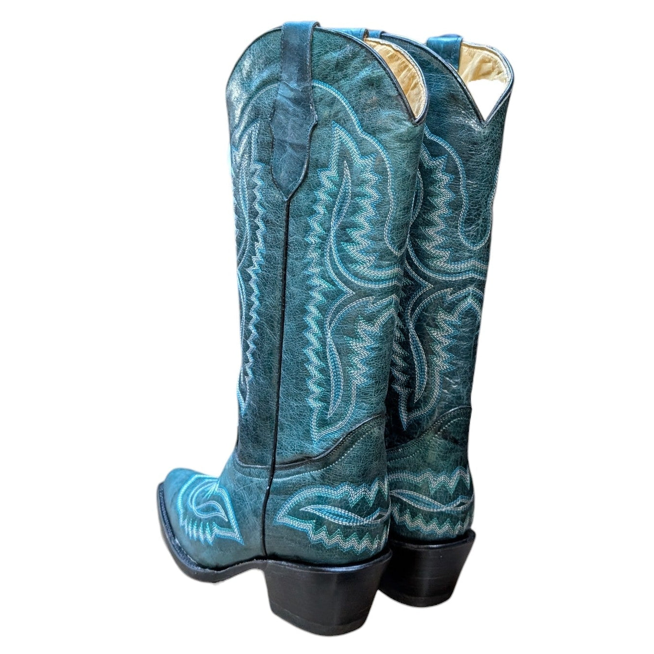 Cowboy Boots (0134) - 16"Teal Leather w/ Western Stitching and Snip Toe