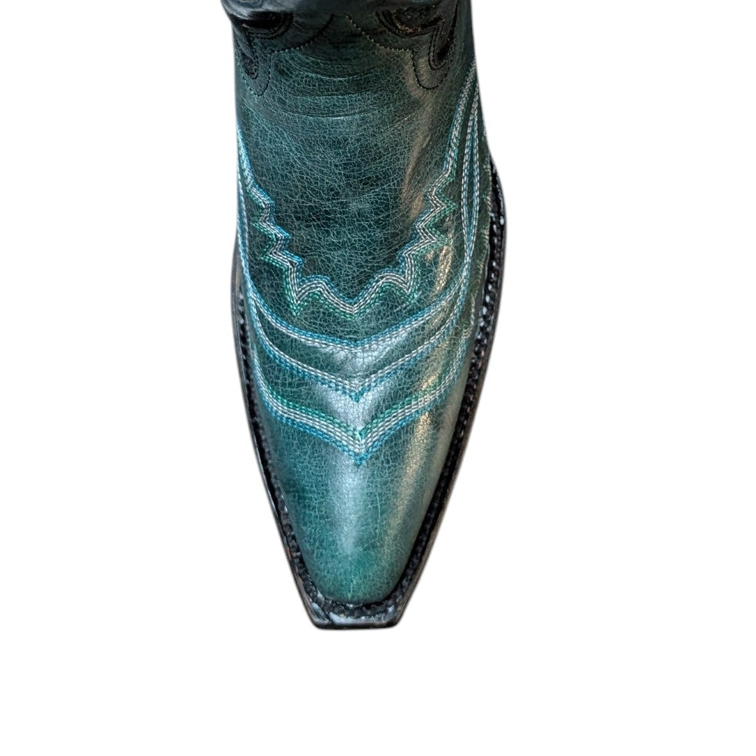 Cowboy Boots (0134) - 16"Teal Leather w/ Western Stitching and Snip Toe