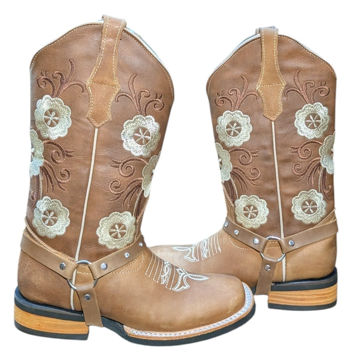 Cowboy Boots (0137) - 13.5" Light Brown Leather w/ Floral Stitching and Square Toe