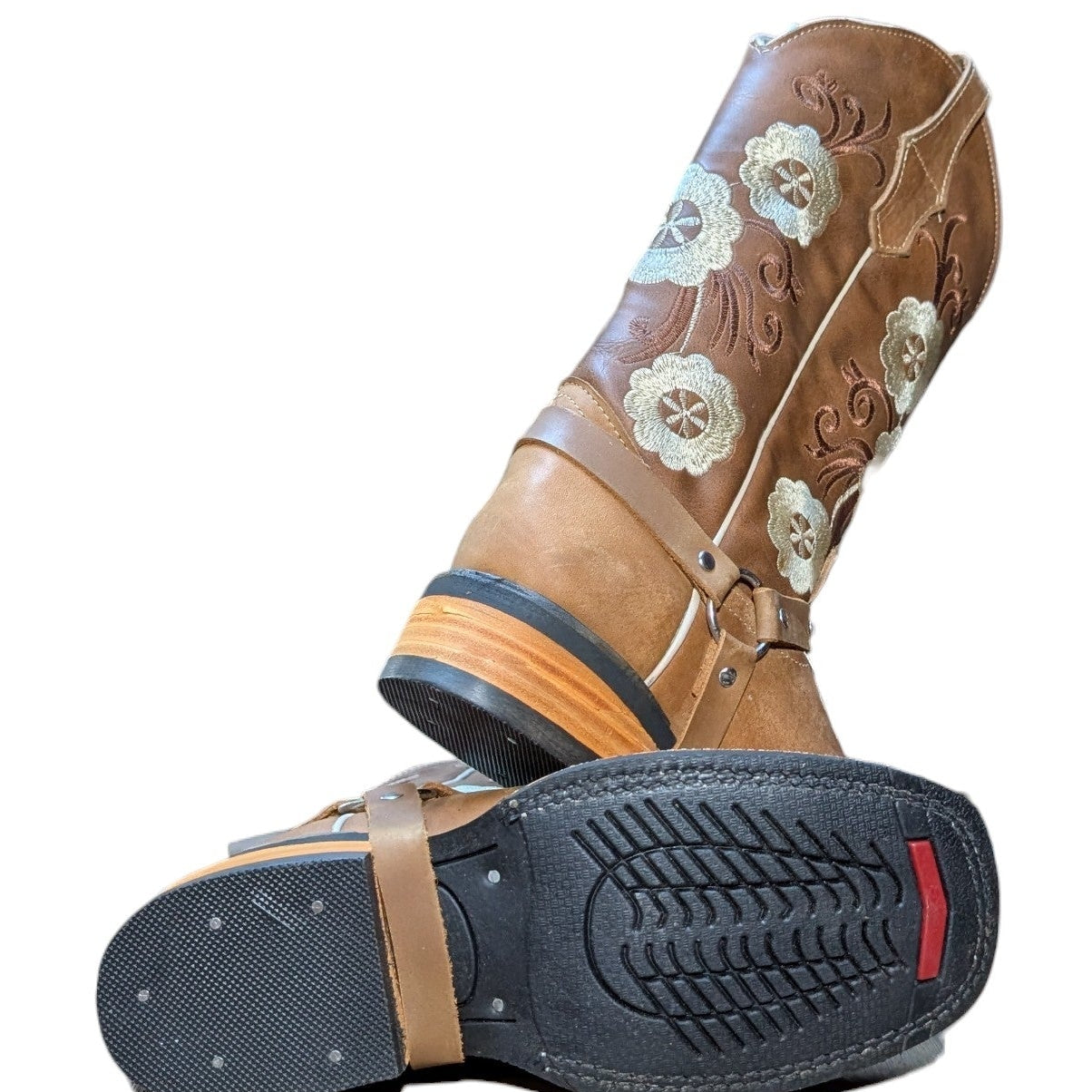 Cowboy Boots (0137) - 13.5" Light Brown Leather w/ Floral Stitching and Square Toe