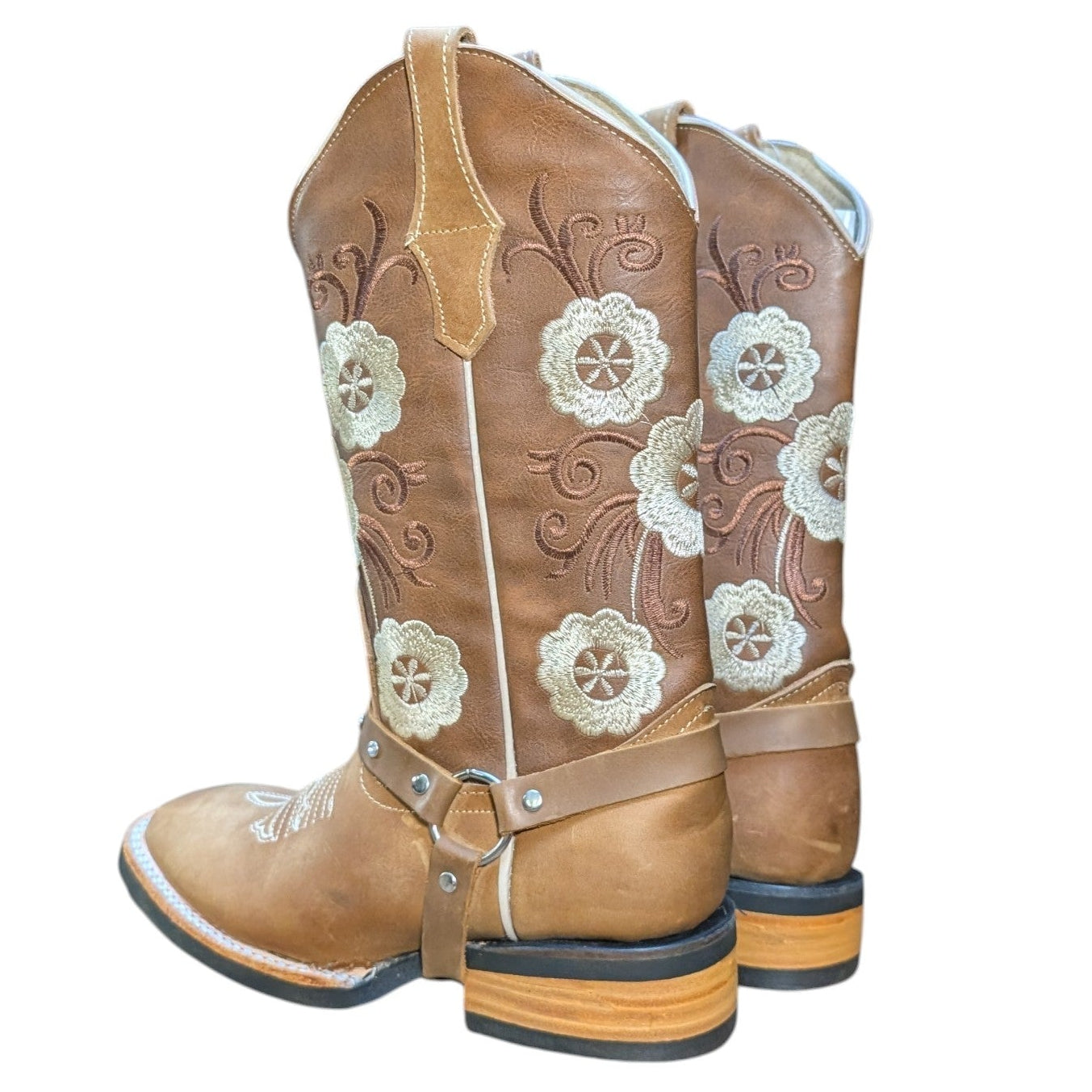 Cowboy Boots (0137) - 13.5" Light Brown Leather w/ Floral Stitching and Square Toe