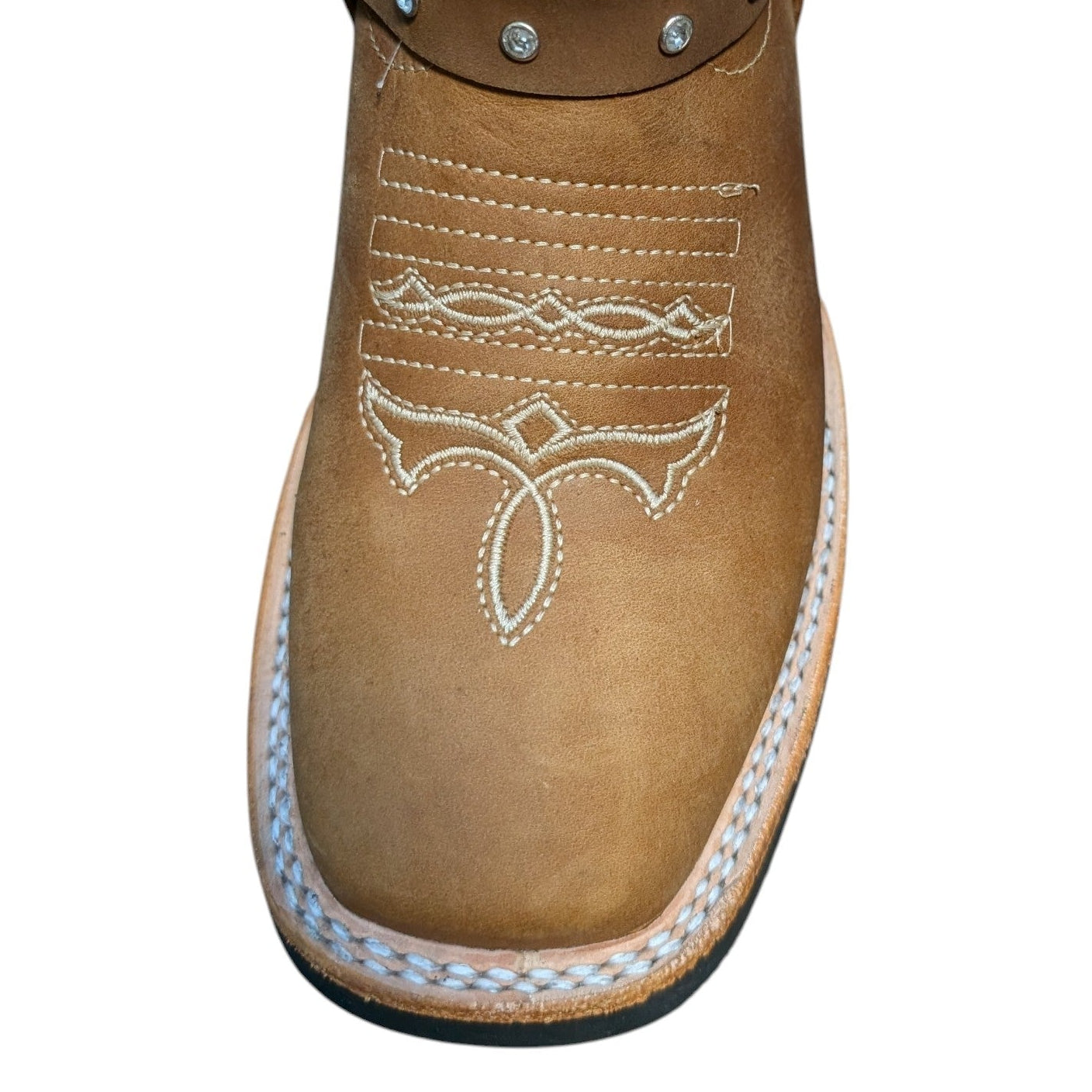 Cowboy Boots (0137) - 13.5" Light Brown Leather w/ Floral Stitching and Square Toe