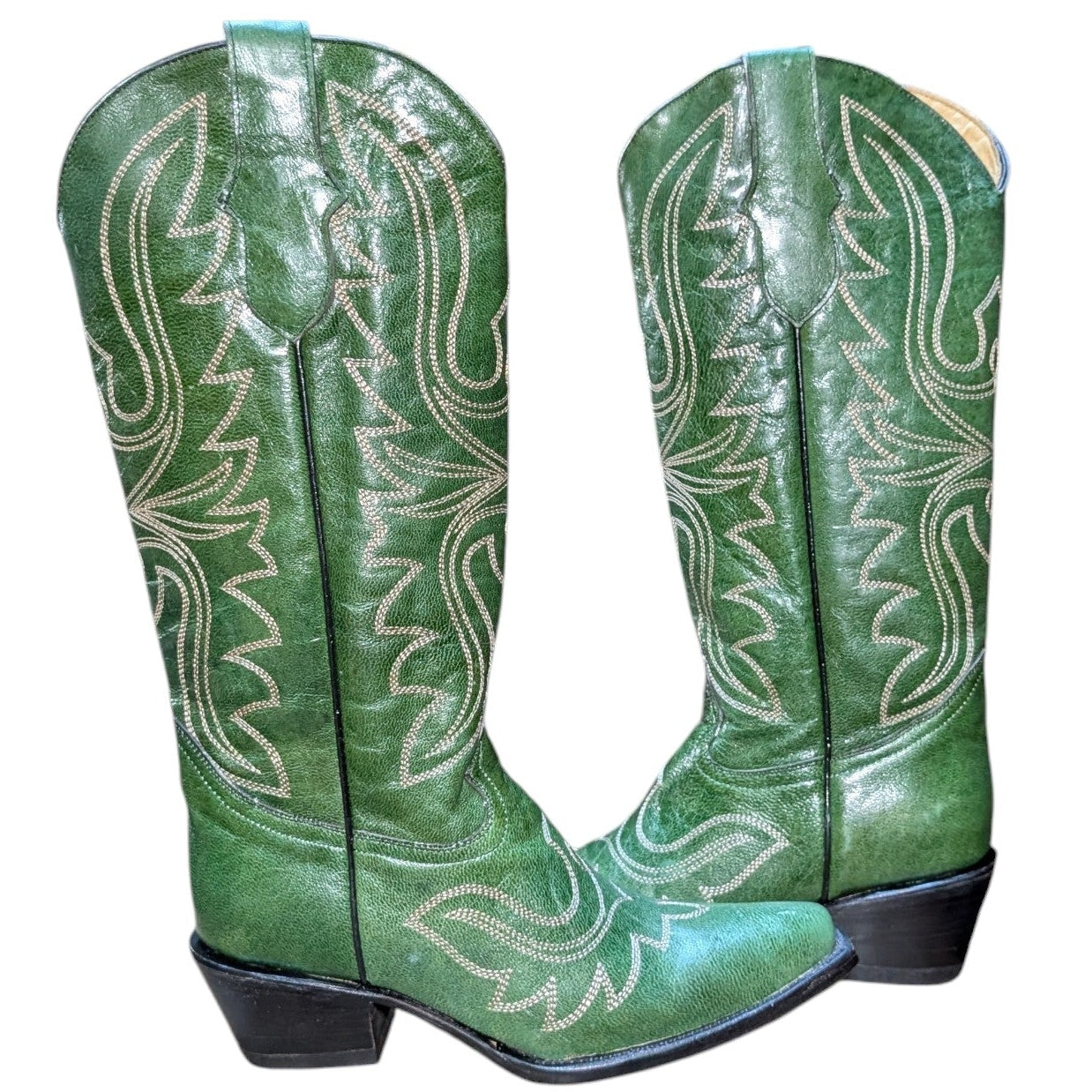 Cowboy Boots (0145) - 16" Green Leather w/ Western Stitching and Snip Toe