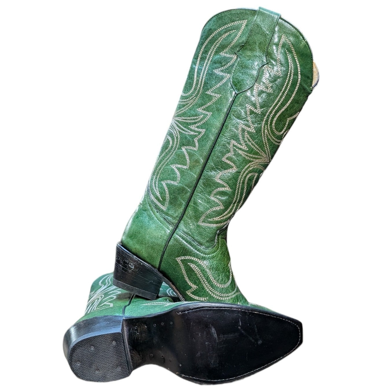 Cowboy Boots (0145) - 16" Green Leather w/ Western Stitching and Snip Toe