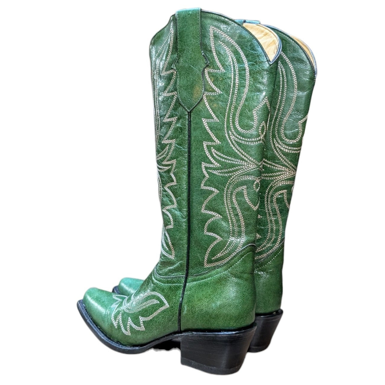 Cowboy Boots (0145) - 16" Green Leather w/ Western Stitching and Snip Toe