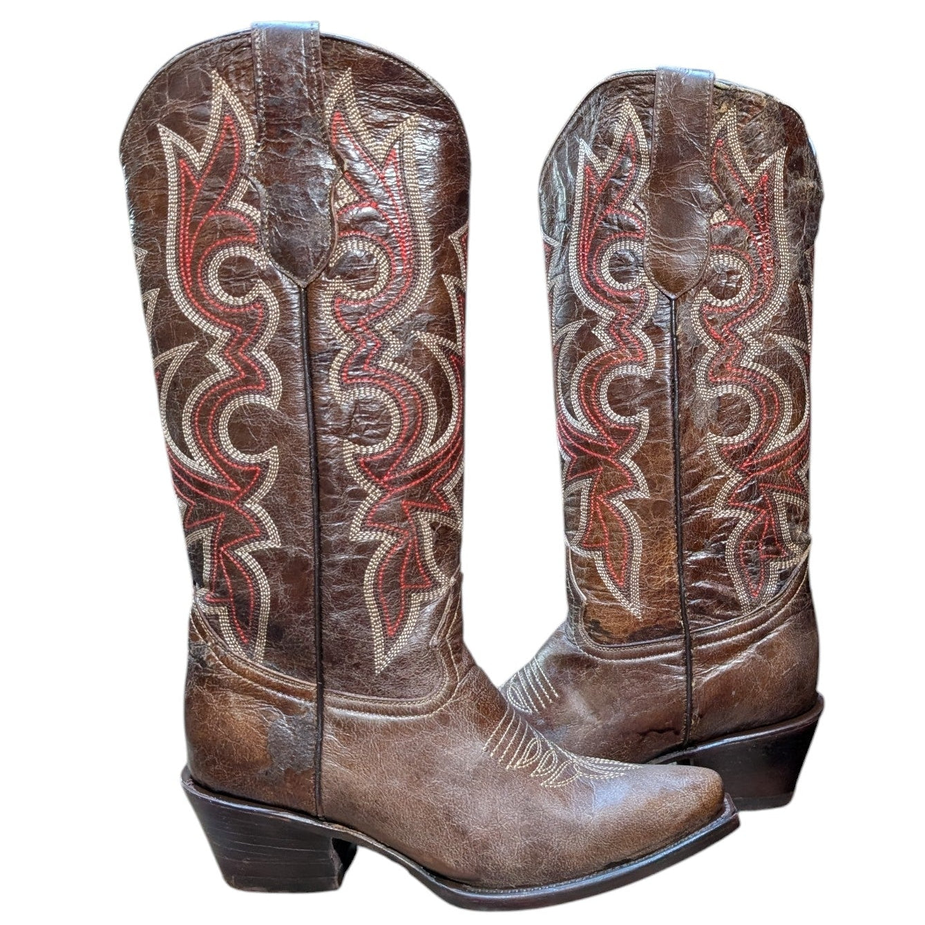 Cowboy Boots (0147) - 16" Brown Leather w/ Western Stitching and Snip Toe