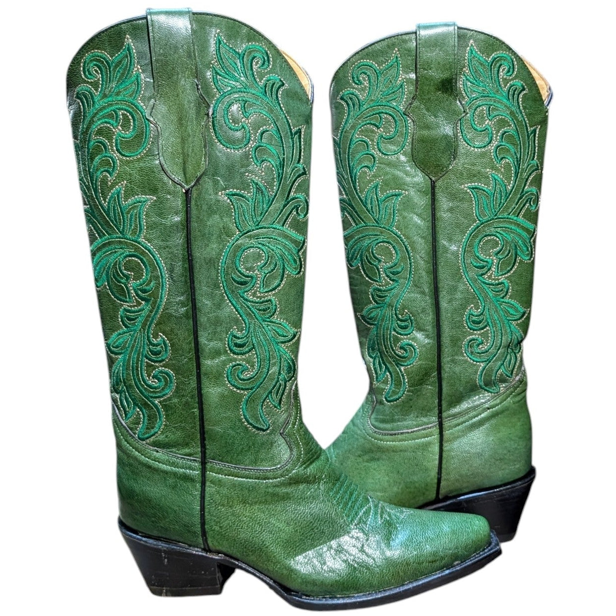 Cowboy Boots (0146) - 16" Green Leather w/ Western Stitching and Snip Toe