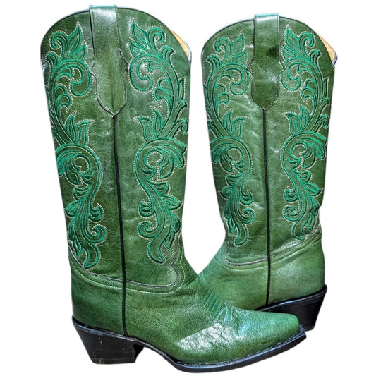 Cowboy Boots (0146) - 16" Green Leather w/ Western Stitching and Snip Toe
