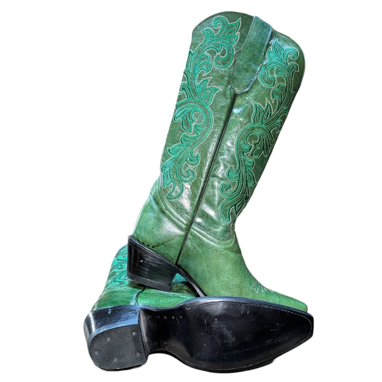 Cowboy Boots (0146) - 16" Green Leather w/ Western Stitching and Snip Toe
