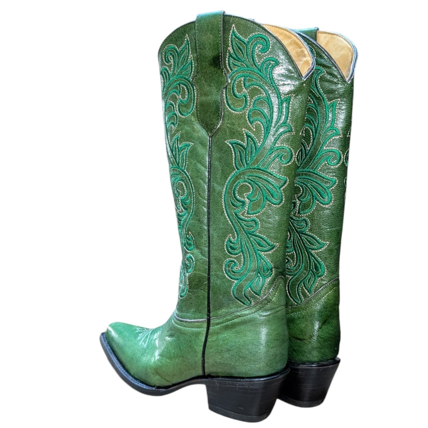 Cowboy Boots (0146) - 16" Green Leather w/ Western Stitching and Snip Toe