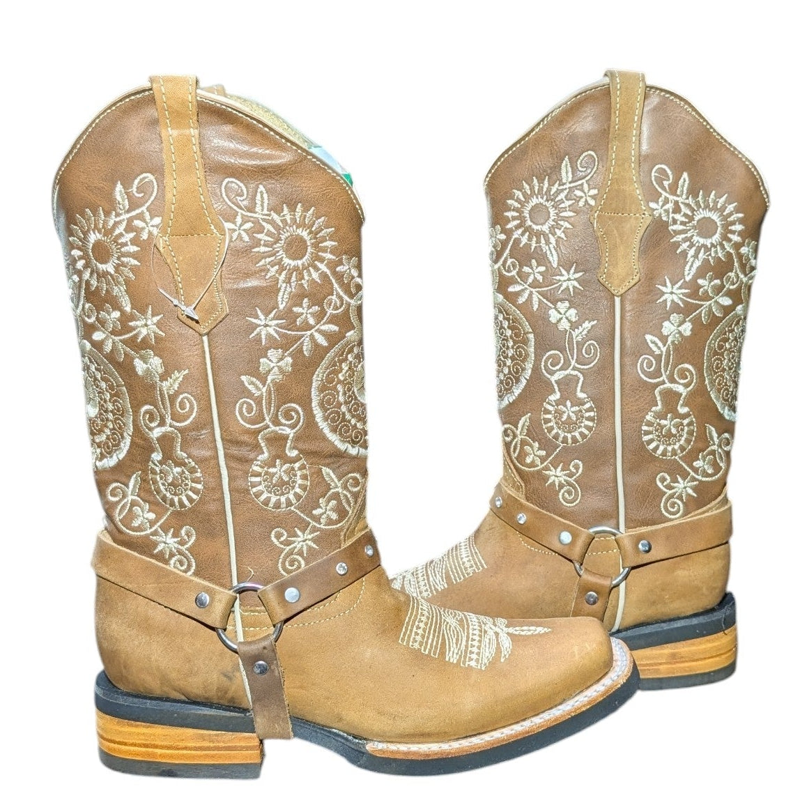 Cowboy Boots (0138) - 12.5" Light Brown Leather w/ White Stitching and Square Toe