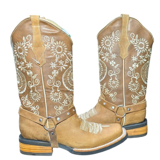 Cowboy Boots (0138) - 12.5" Light Brown Leather w/ White Stitching and Square Toe