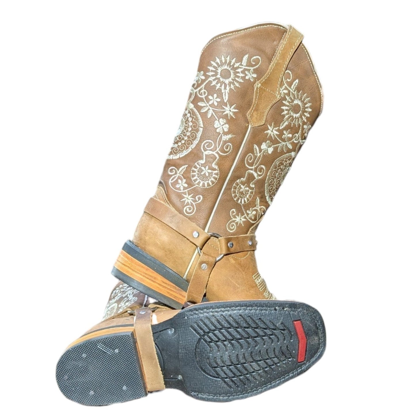 Cowboy Boots (0138) - 12.5" Light Brown Leather w/ White Stitching and Square Toe