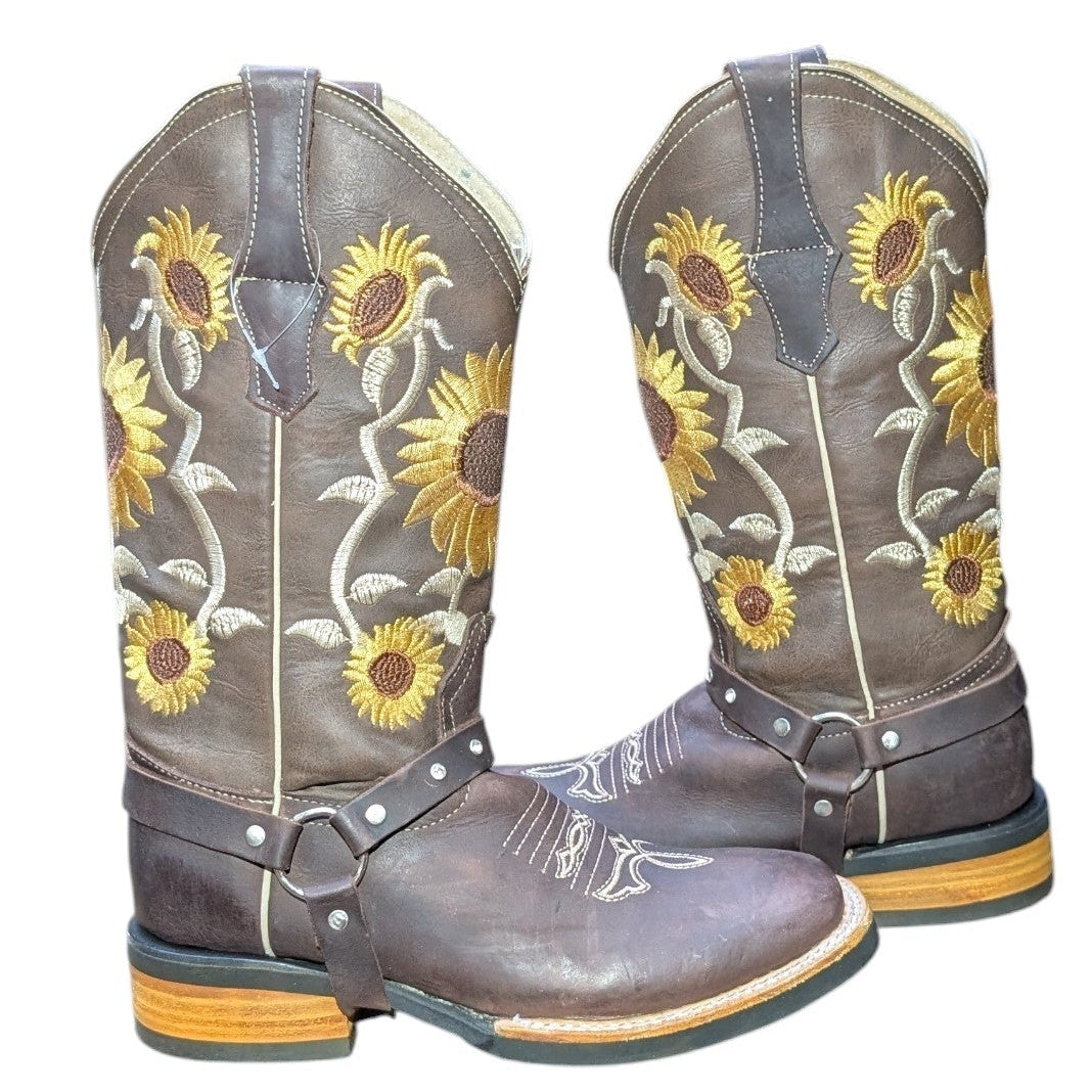 Cowboy Boots (0139) - 13" Dark Brown Leather w/ Sunflower Stitching and Square Toe