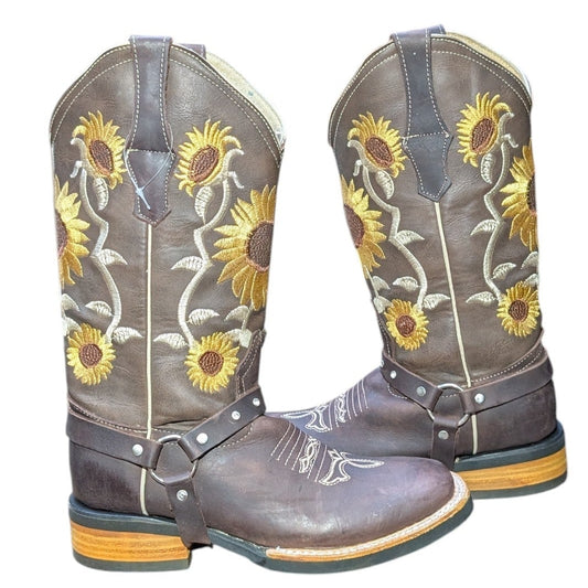 Cowboy Boots (0139) - 13" Dark Brown Leather w/ Sunflower Stitching and Square Toe