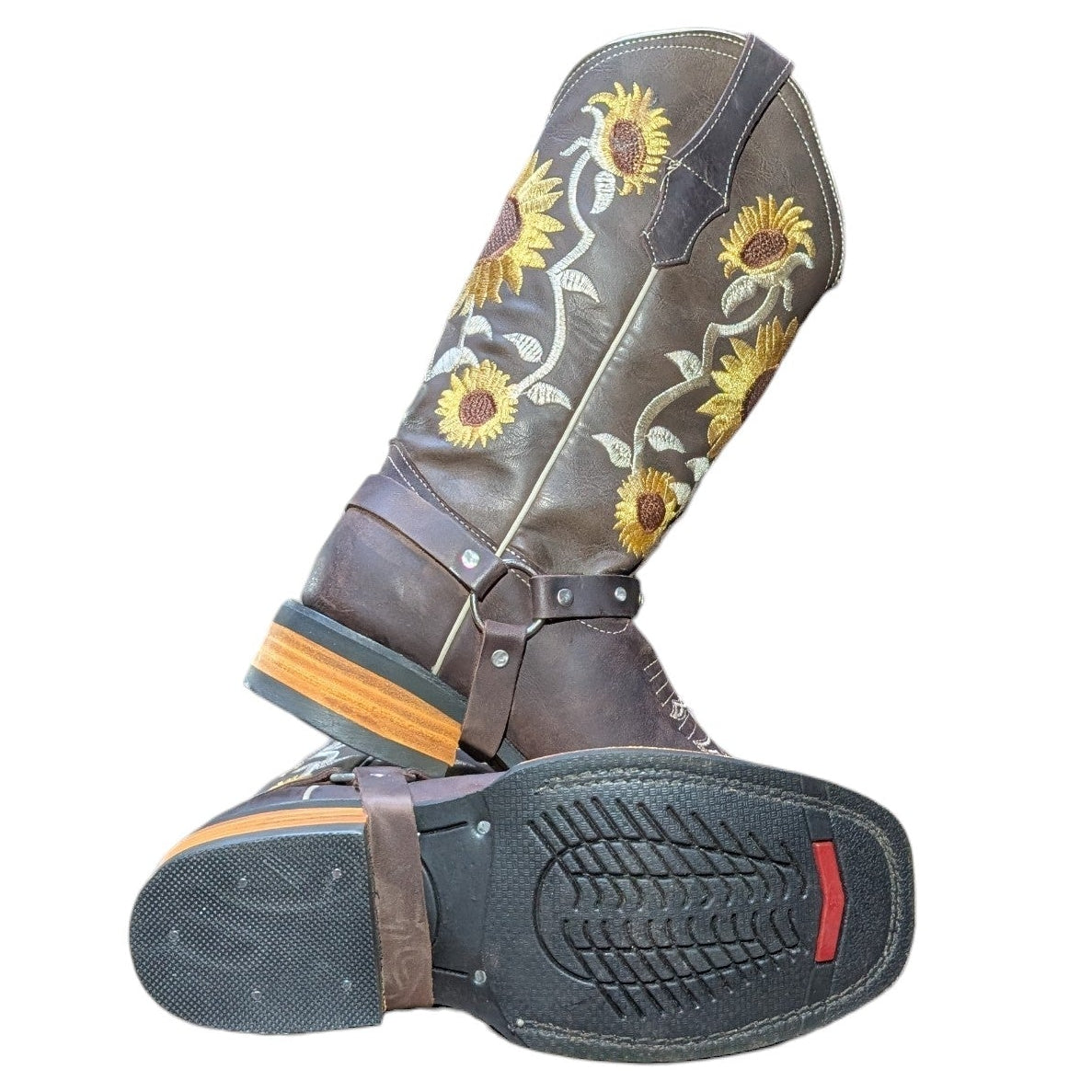 Cowboy Boots (0139) - 13" Dark Brown Leather w/ Sunflower Stitching and Square Toe