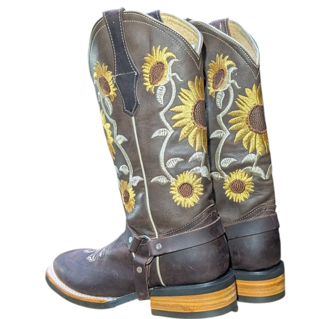 Cowboy Boots (0139) - 13" Dark Brown Leather w/ Sunflower Stitching and Square Toe
