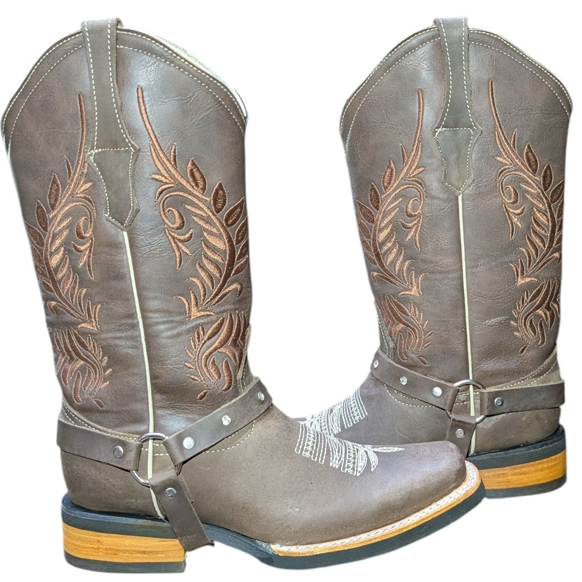 Cowboy Boots (0140) - 13" Dark Brown Leather w/ Botanical Stitching and Square Toe