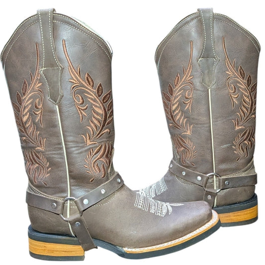 Cowboy Boots (0140) - 13" Dark Brown Leather w/ Botanical Stitching and Square Toe