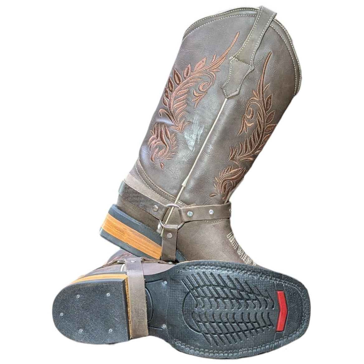 Cowboy Boots (0140) - 13" Dark Brown Leather w/ Botanical Stitching and Square Toe