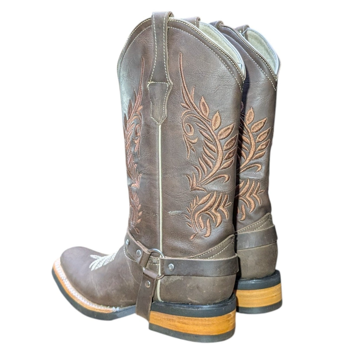 Cowboy Boots (0140) - 13" Dark Brown Leather w/ Botanical Stitching and Square Toe