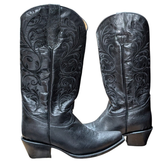Cowboy Boots (0142) - 16.5" Black Leather w/ Floral Stitching & Snip Toe (B)