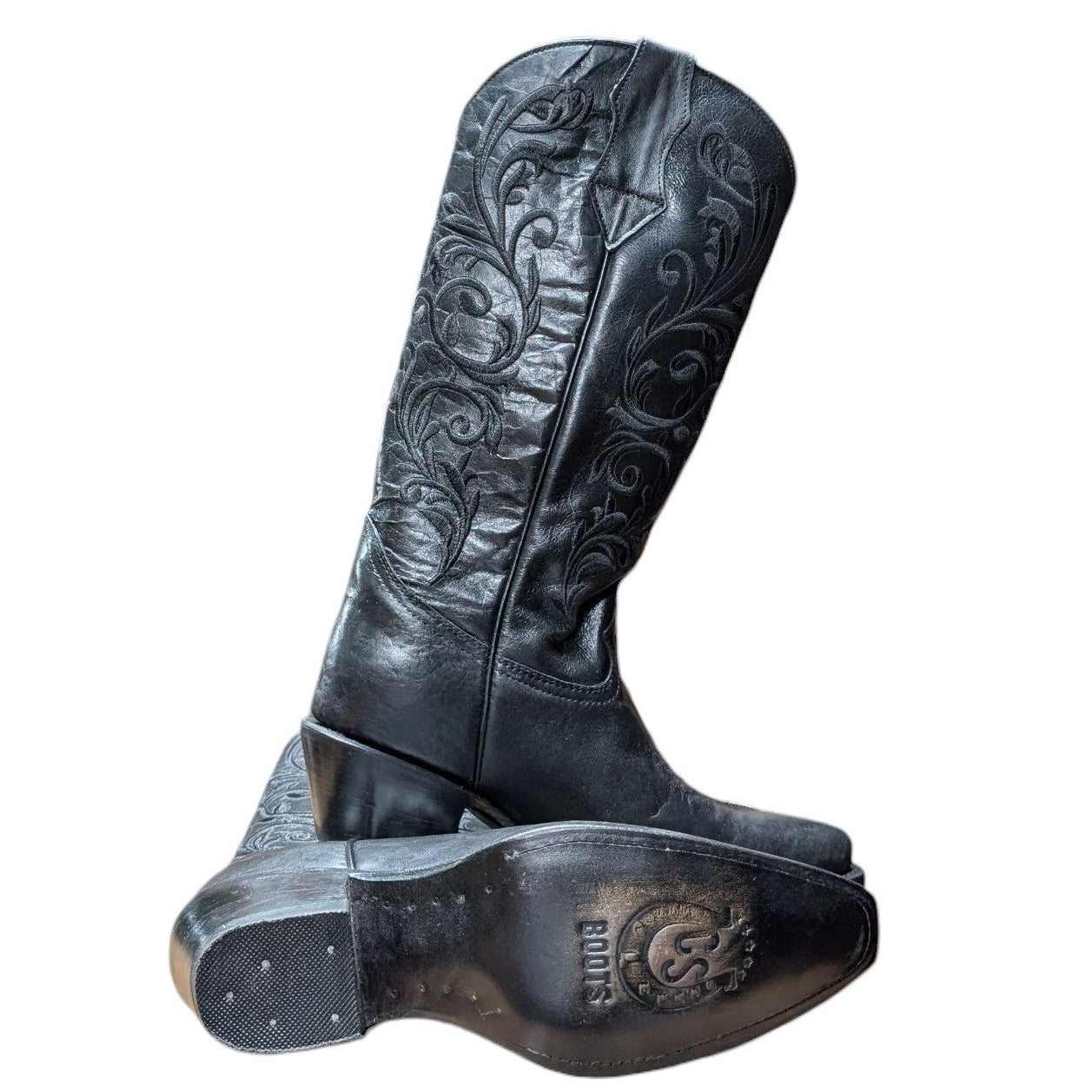 Cowboy Boots (0142) - 16.5" Black Leather w/ Floral Stitching & Snip Toe (B)