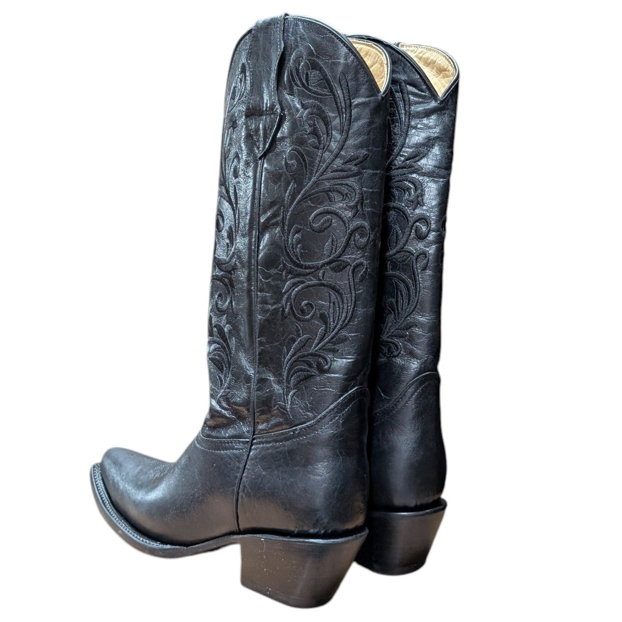 Cowboy Boots (0142) - 16.5" Black Leather w/ Floral Stitching & Snip Toe (B)