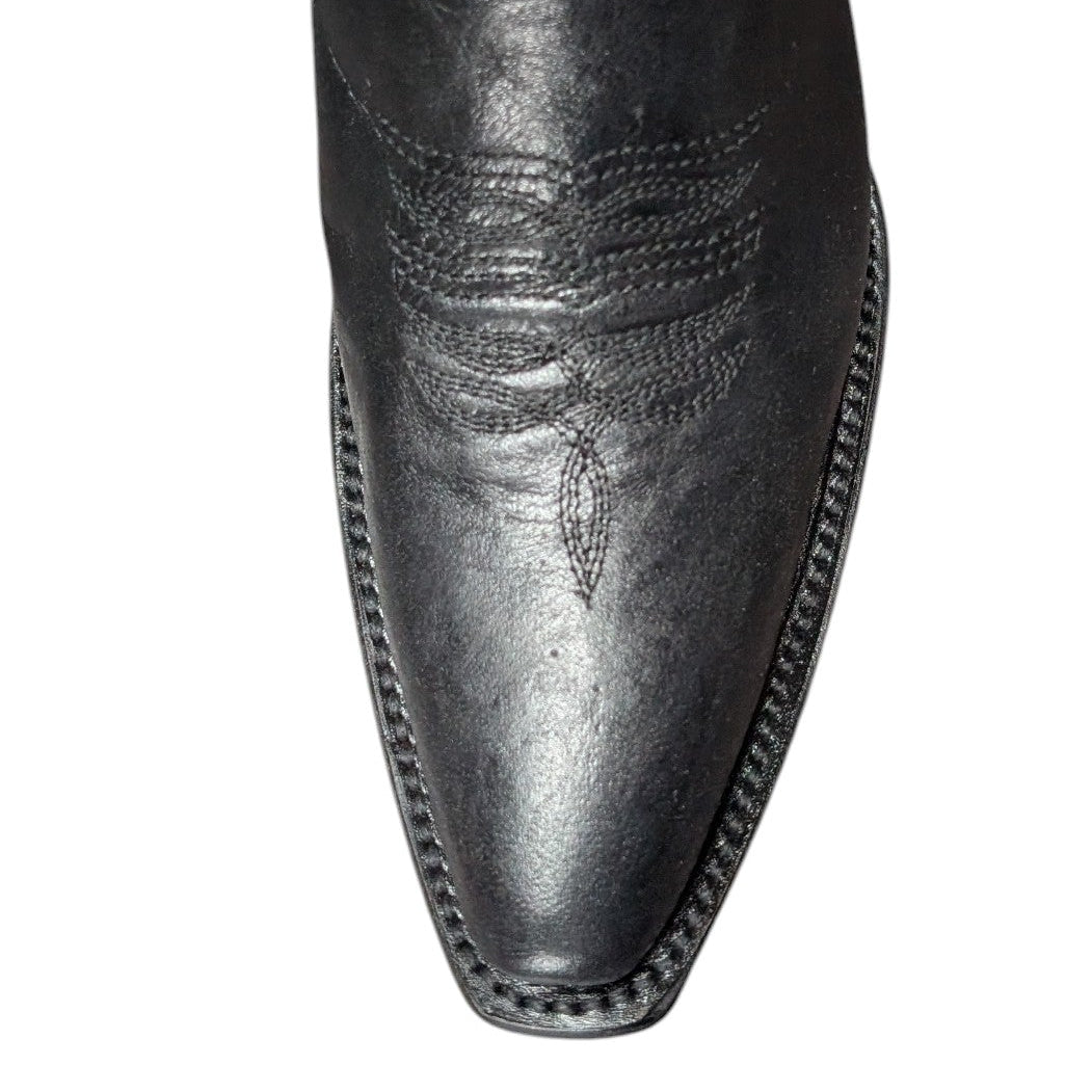 Cowboy Boots (0142) - 16.5" Black Leather w/ Floral Stitching & Snip Toe (B)