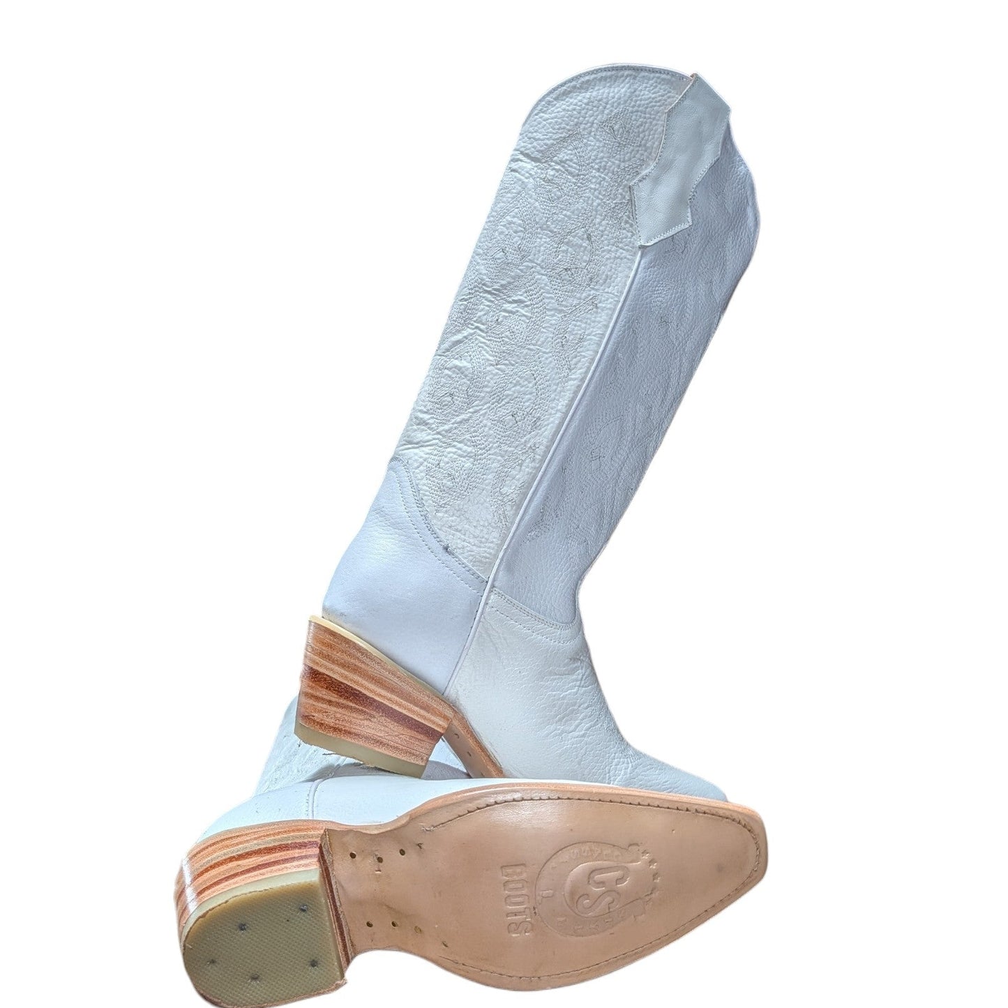 Cowboy Boots (0144) - 16" White Leather w/ White Stitching & Snip Toe