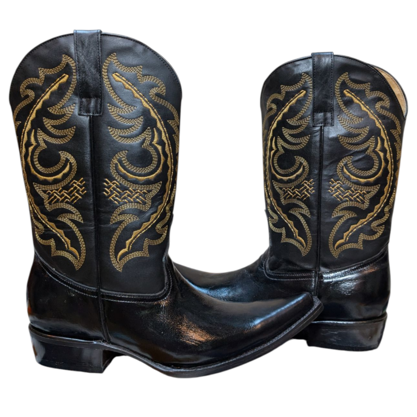 Unisex Cowboy Boots (0049) - Black Leather w/ Golden Western Stitching & Pointed Toe