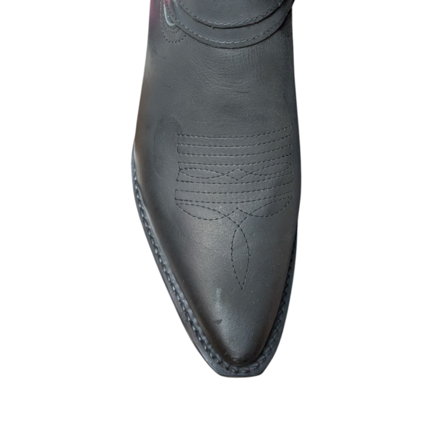 Unisex Cowboy Boots (0052) - Black Leather Boots w/ Buckled Shaft and Pointed Toe