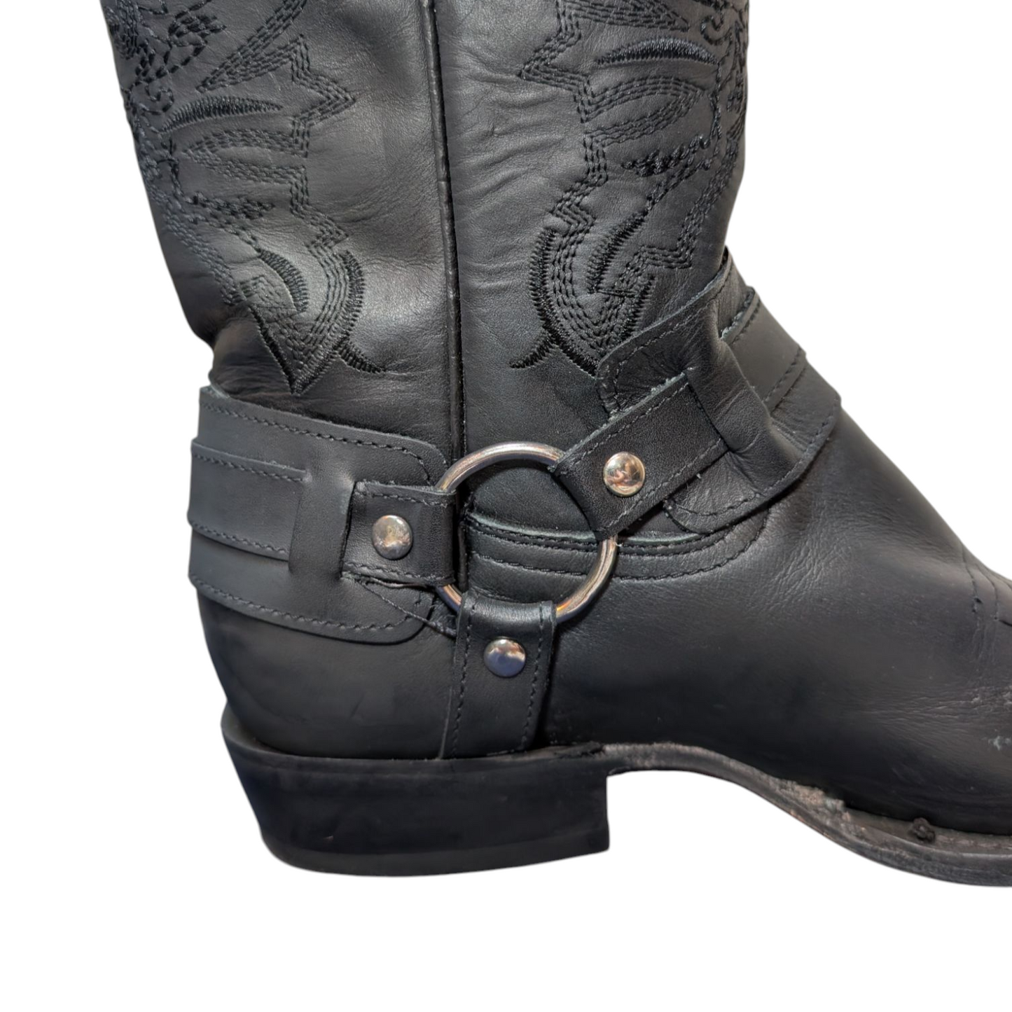 Unisex Cowboy Boots (0052) - Black Leather Boots w/ Buckled Shaft and Pointed Toe