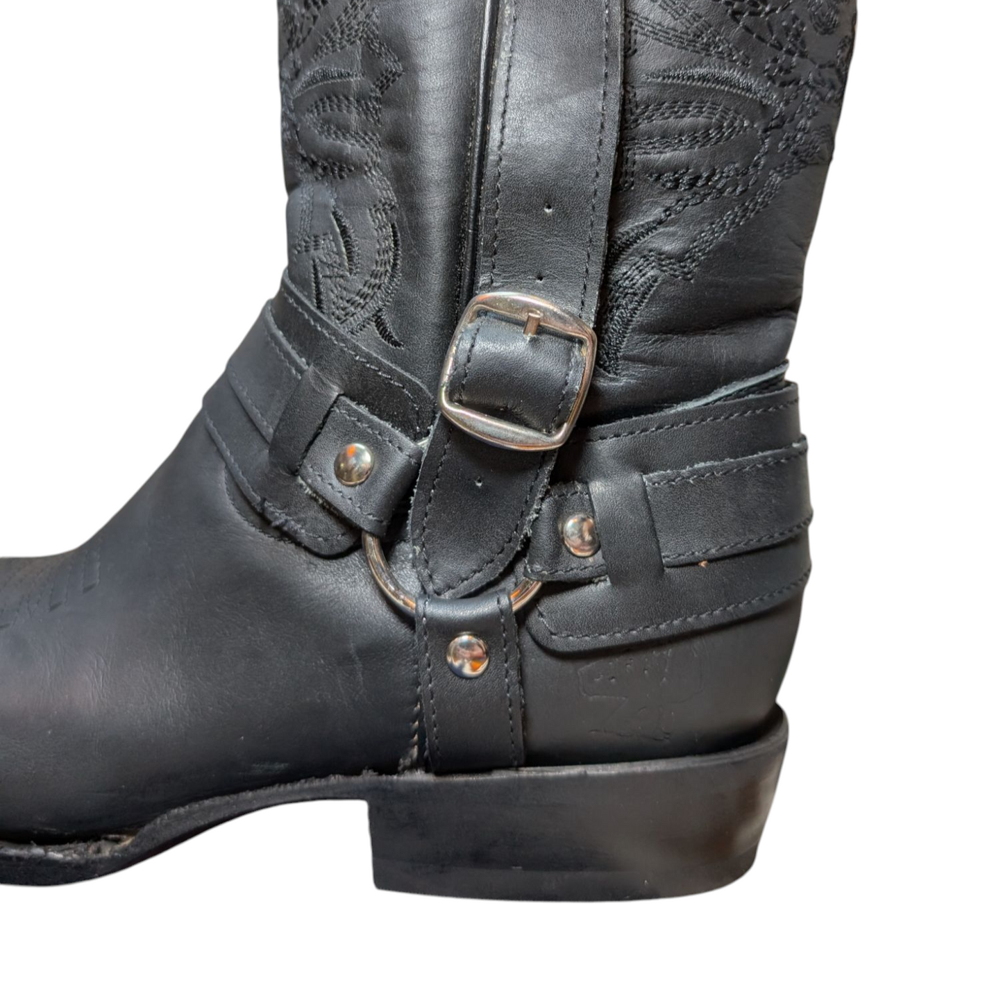 Unisex Cowboy Boots (0052) - Black Leather Boots w/ Buckled Shaft and Pointed Toe
