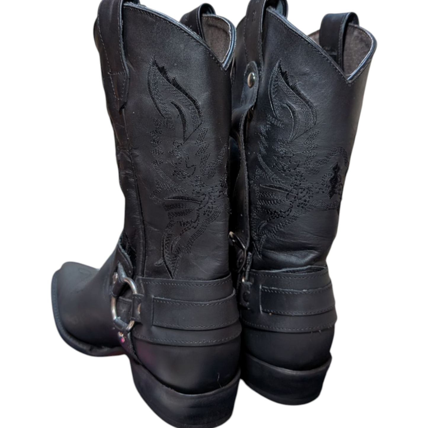 Unisex Cowboy Boots (0052) - Black Leather Boots w/ Buckled Shaft and Pointed Toe